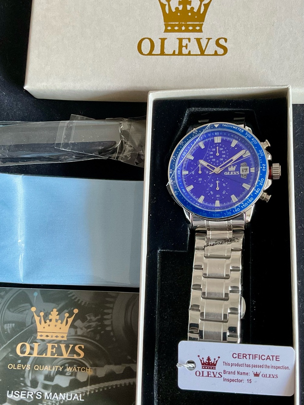 NIB OLEVS Men’s Blue Dial Stainless Steel Chronograph Watch Full Set